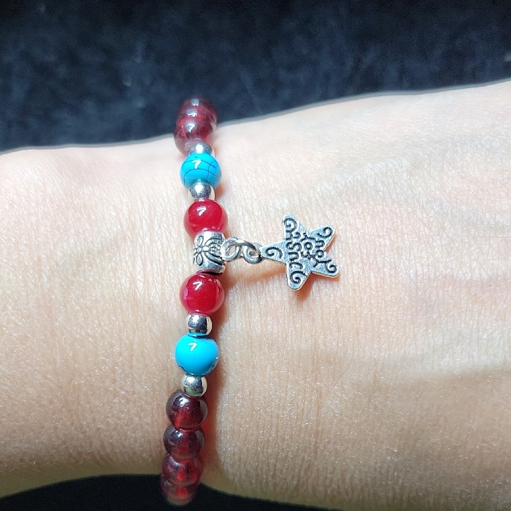 Turquoise and Red Beaded Bracelet with Starfish Charm